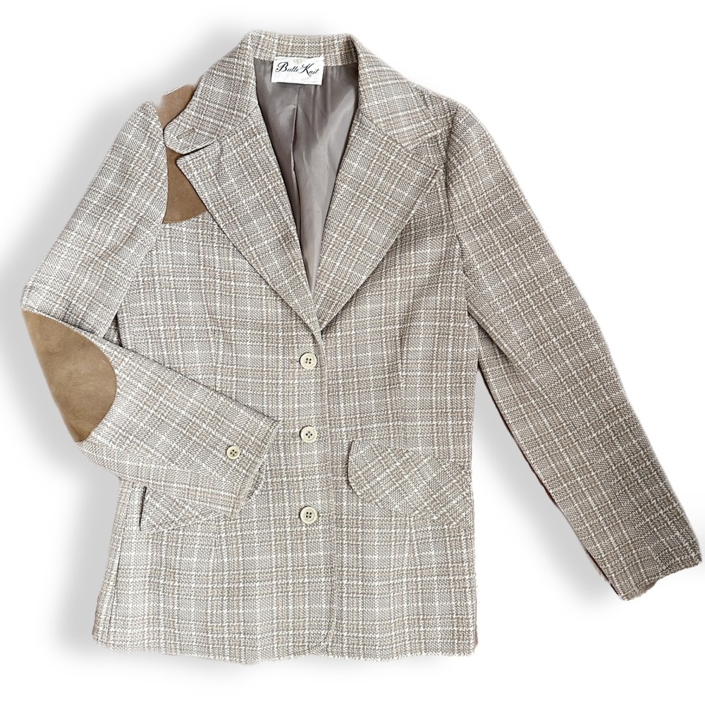 Vintage Butte Knit Gray Plaid Tan Elbow Patch Western Blazer Women's Size 8